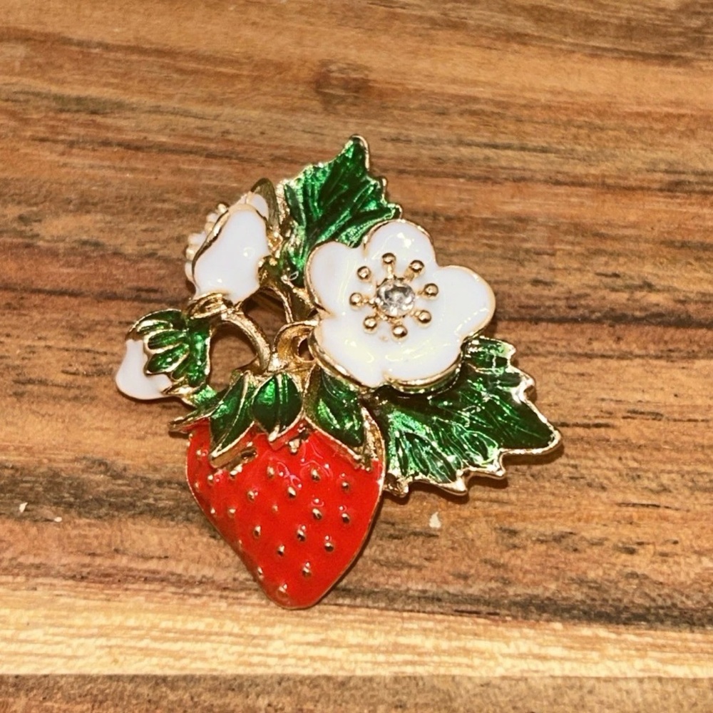 Gold-Tone Strawberry Floral Brooch Pin - Red & Green
